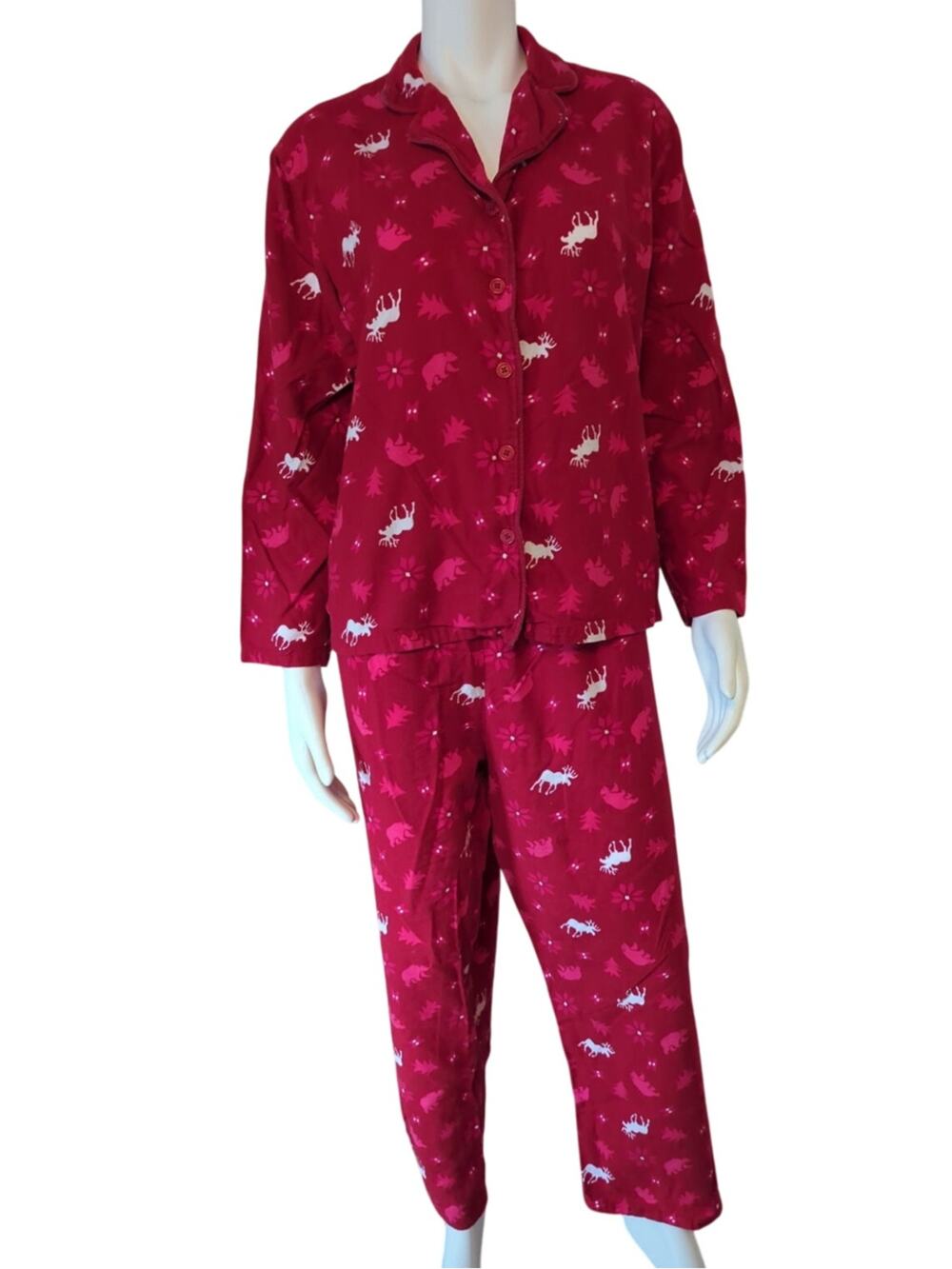 Intimate Essentials Red, Pink & White Two Piece Flannel Sleep Set Womens Size L